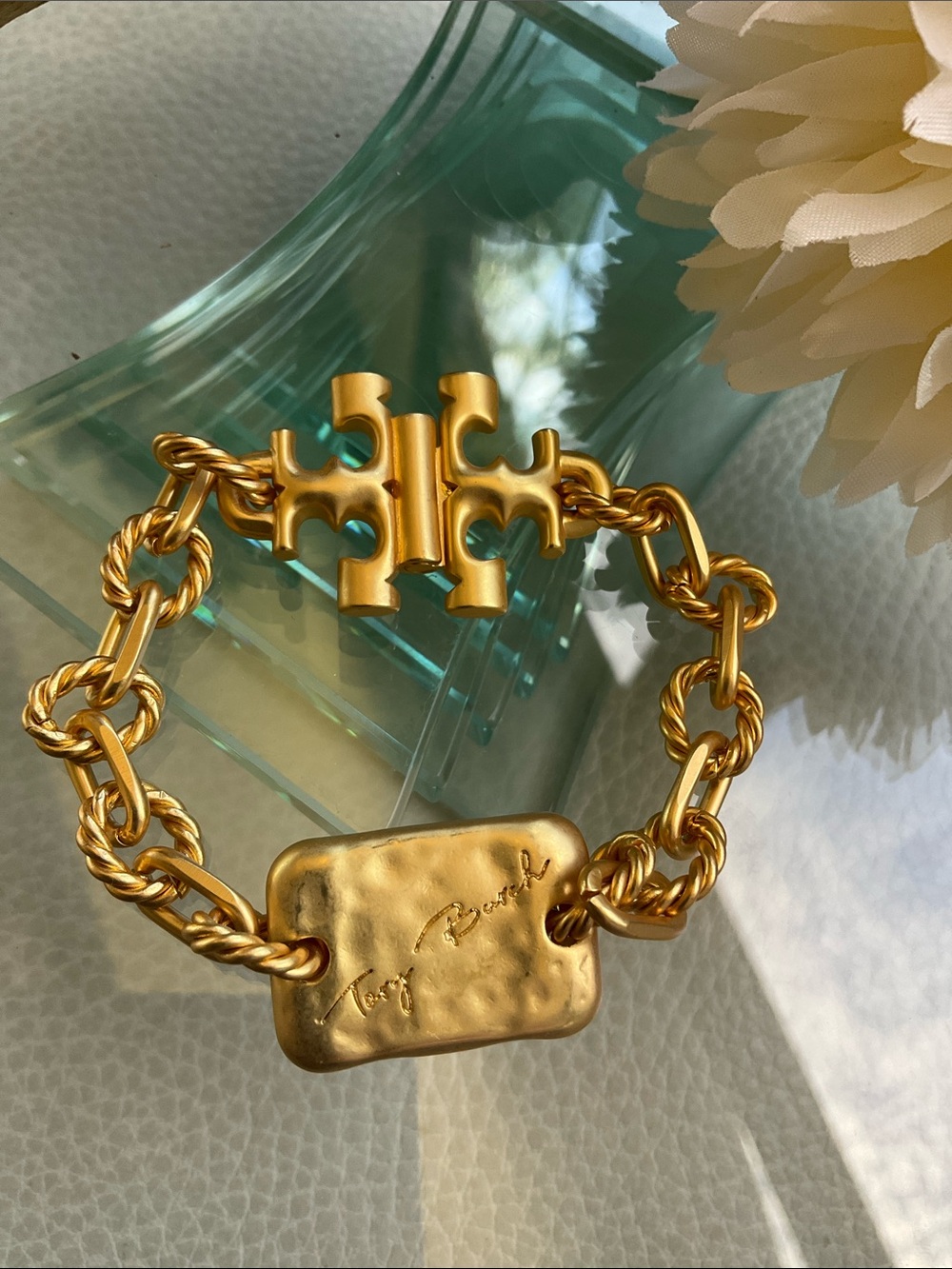 Tory Burch Gold Logo Link Chain Bracelet 7 1/2 long